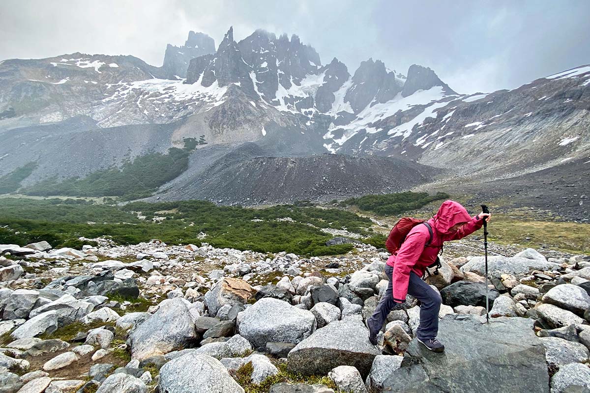 Hiking in Patagonia in the Black Diamond Liquid Point rain jacket